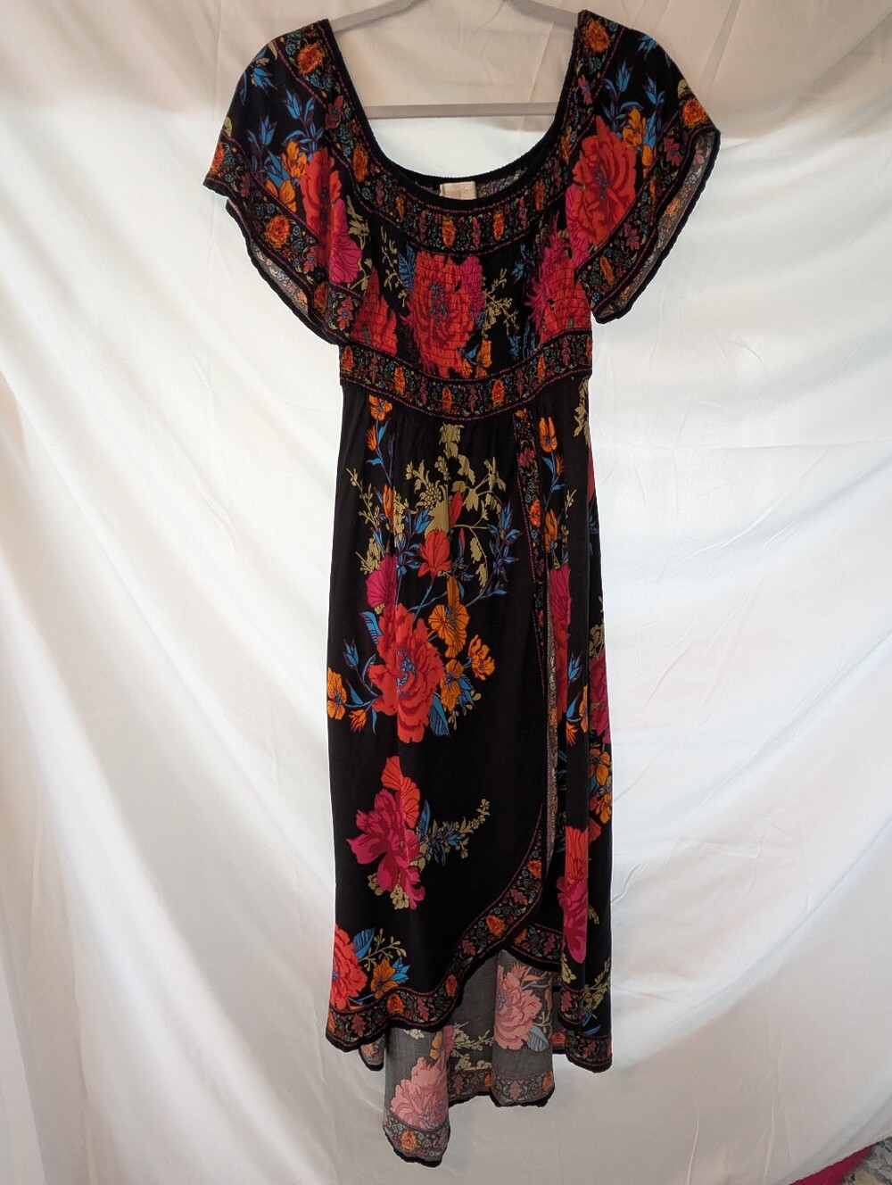 Jealous Tomato Black Floral High-Low Dress with Pink, Orange & Blue Blooms
